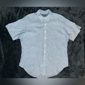 Ralph Lauren Shirt XL Blue White Gingham Check 100% Linen Button Down Pink Pony